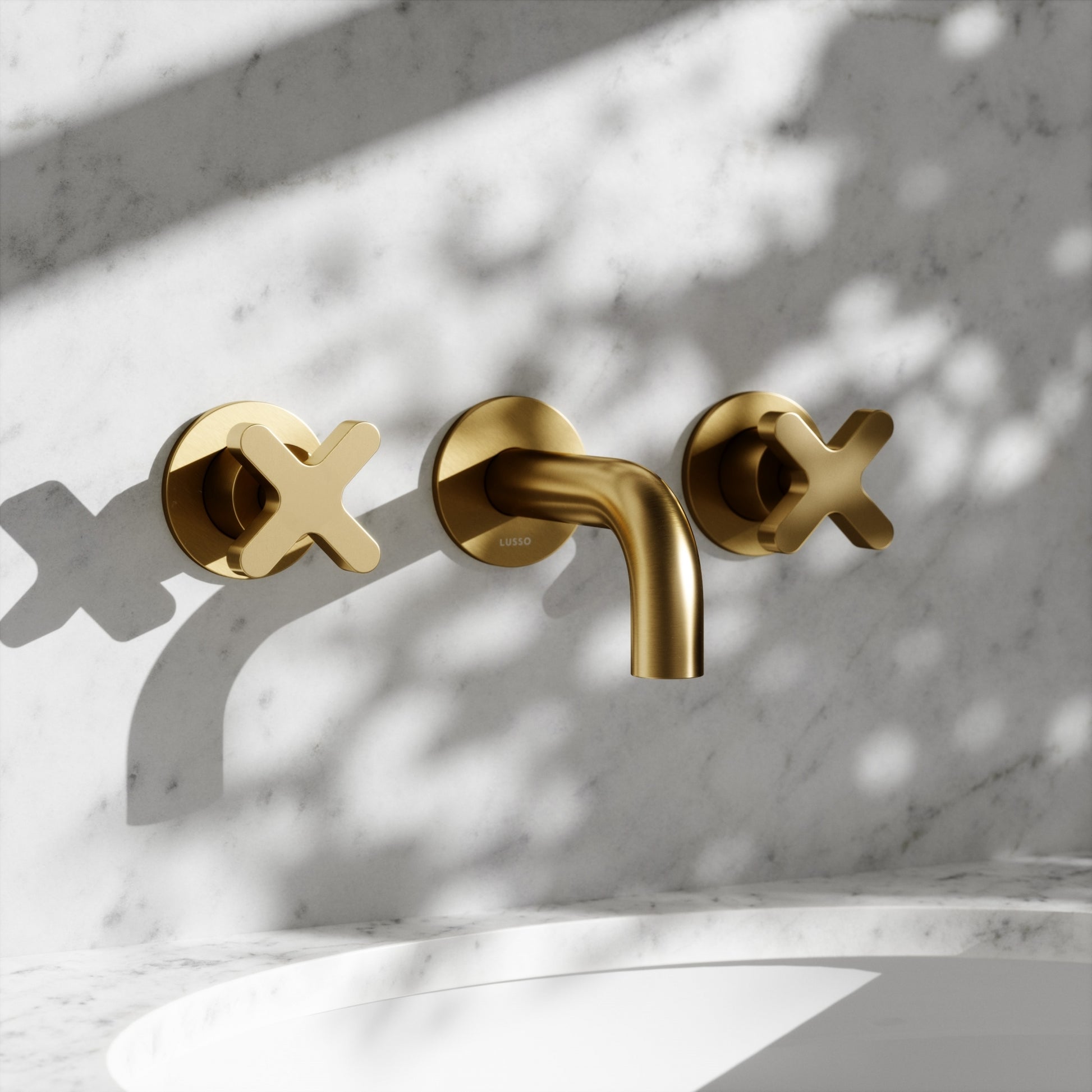 Regal Brushed Gold Crosshead Wall Mounted Short Projection Basin Mixer Tap