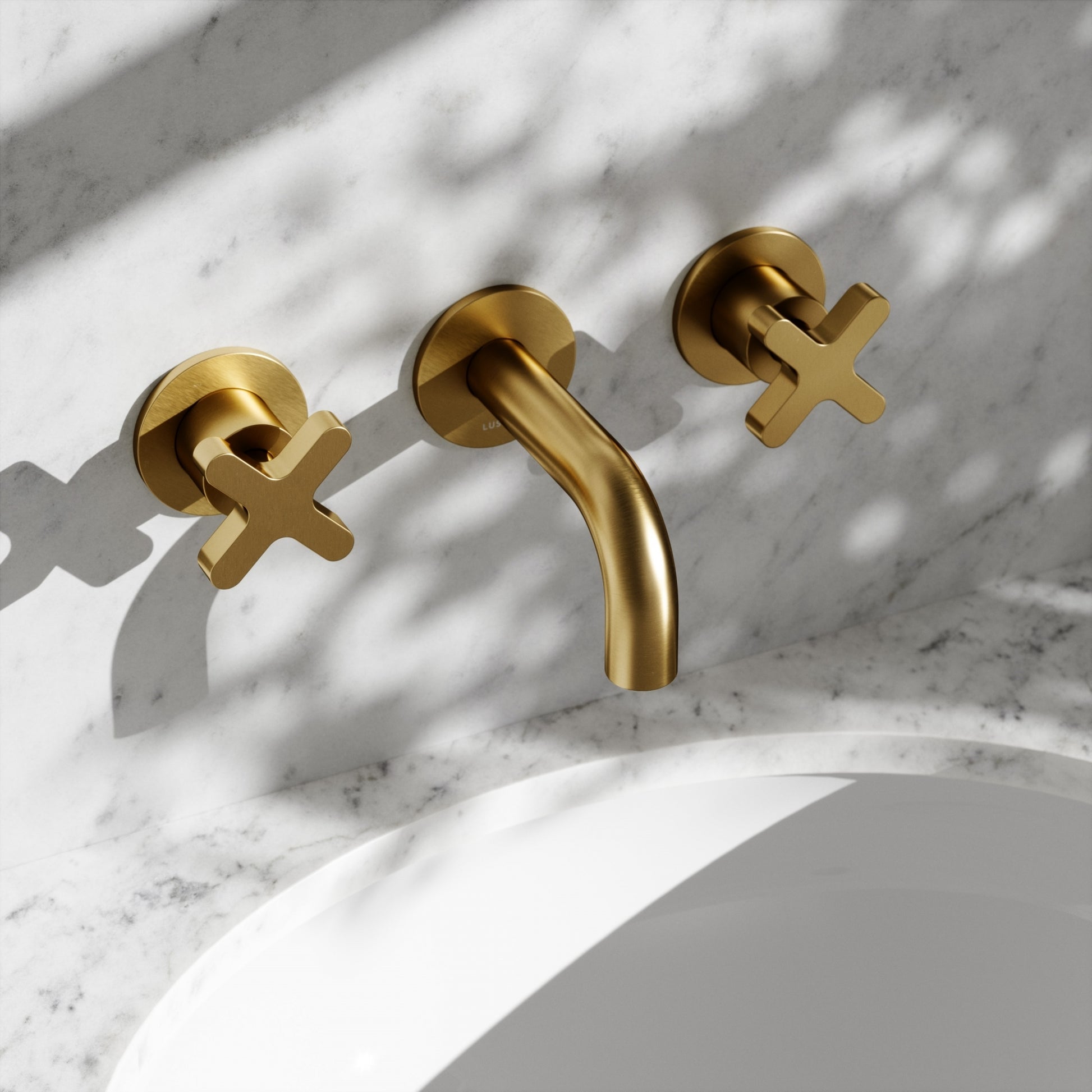 Regal Brushed Gold Crosshead Wall Mounted Short Projection Basin Mixer Tap