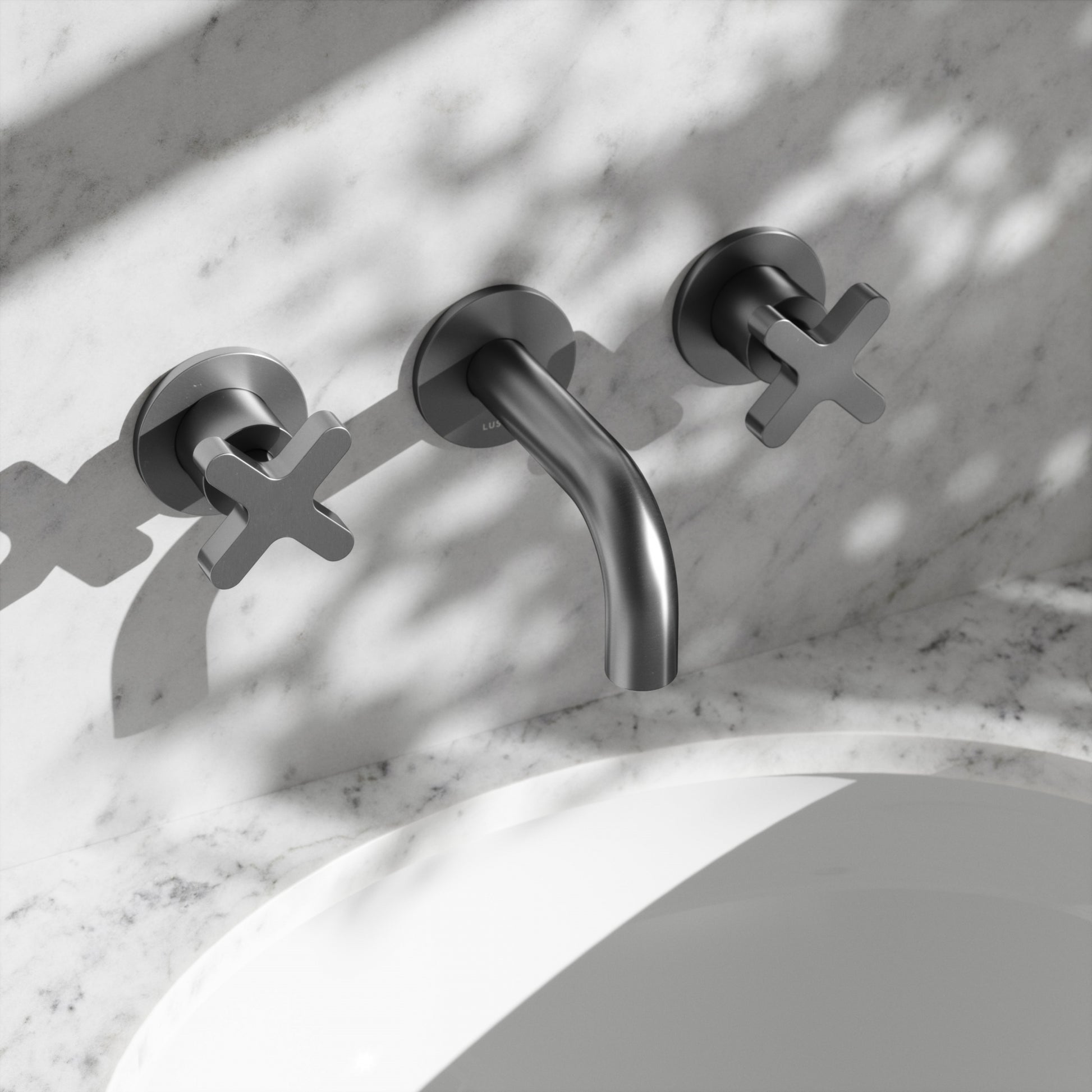 Regal Brushed Stainless Crosshead Wall Mounted Short Projection Basin Mixer Tap