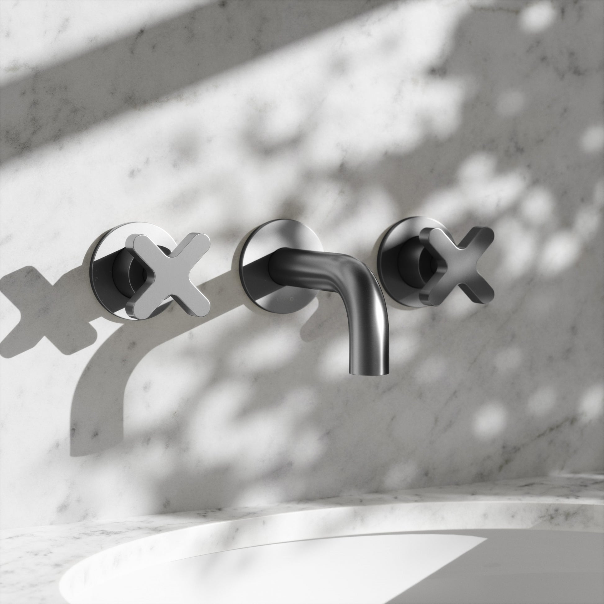 Regal Brushed Stainless Crosshead Wall Mounted Short Projection Basin Mixer Tap