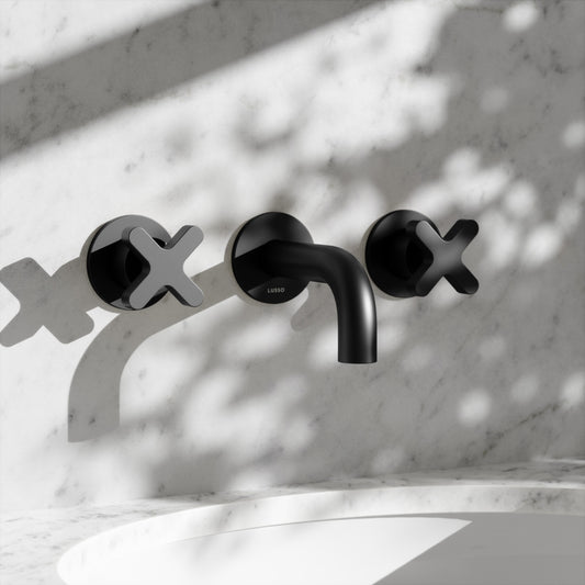 Regal Matte Black Crosshead Wall Mounted Short Projection Basin Mixer Tap