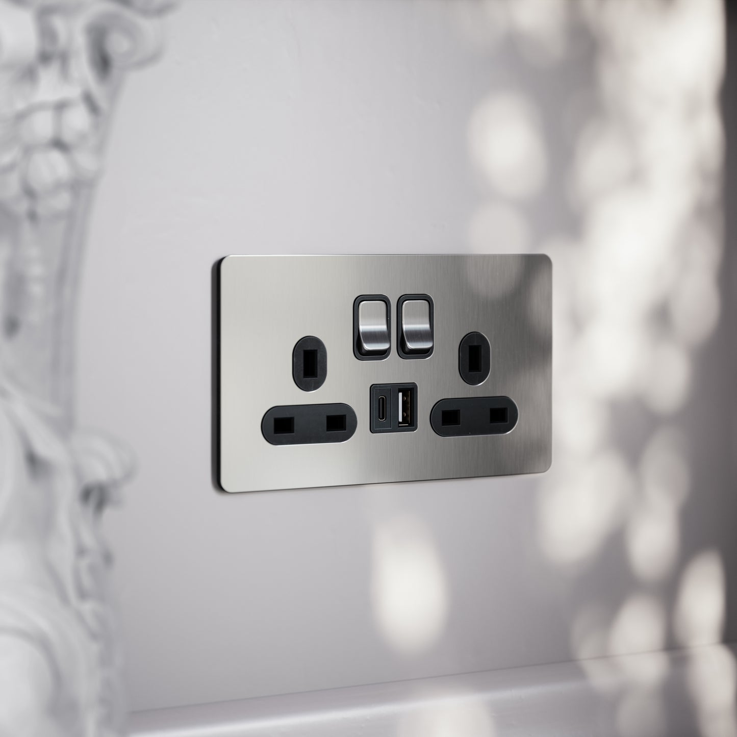 SlimTech Collection Brushed Stainless 2 Gang 13A USB & USB-C Socket
