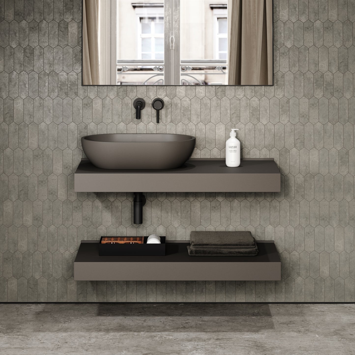 Stone Wall Hung Countertop Basin Shelf & Towel Shelf (1000mm Wide - Earth)