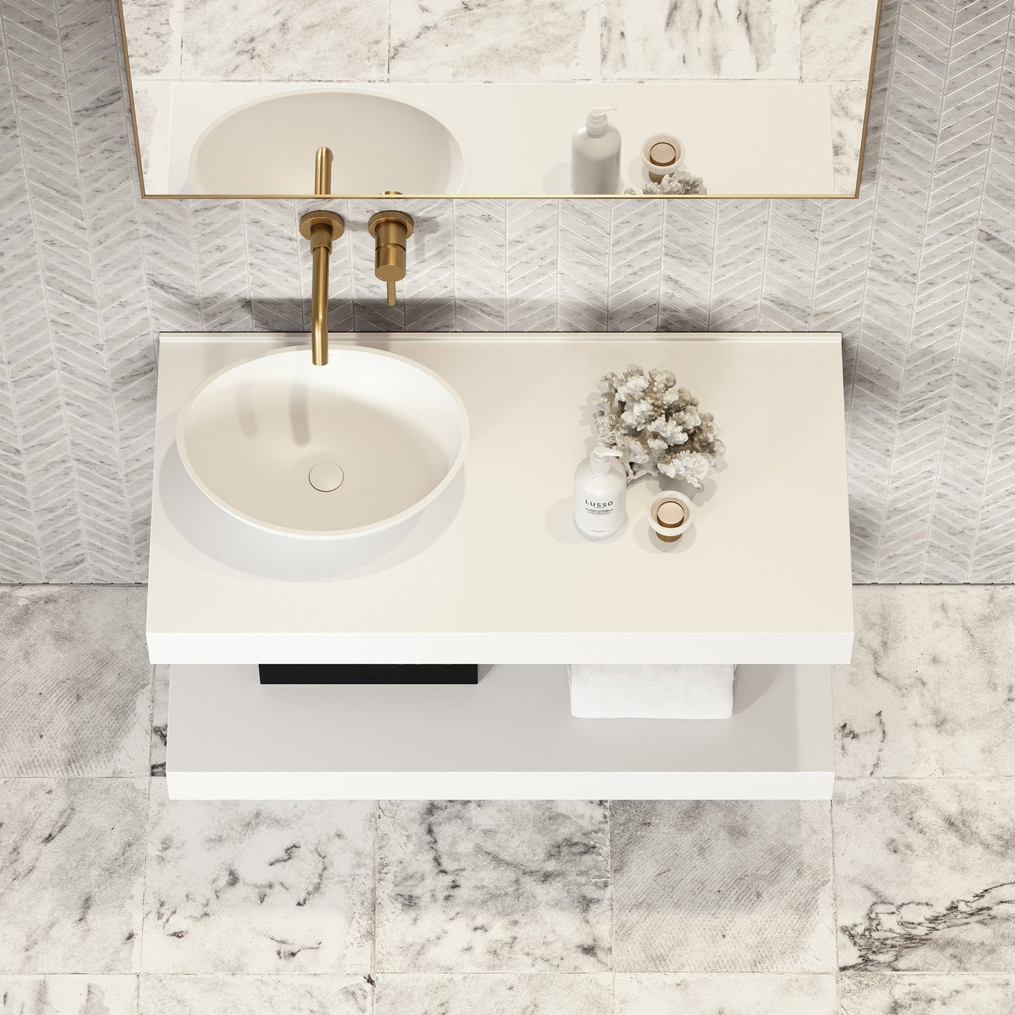 Stone Wall Hung Countertop Basin Shelf & Towel Shelf (1000mm Wide - Polished White)