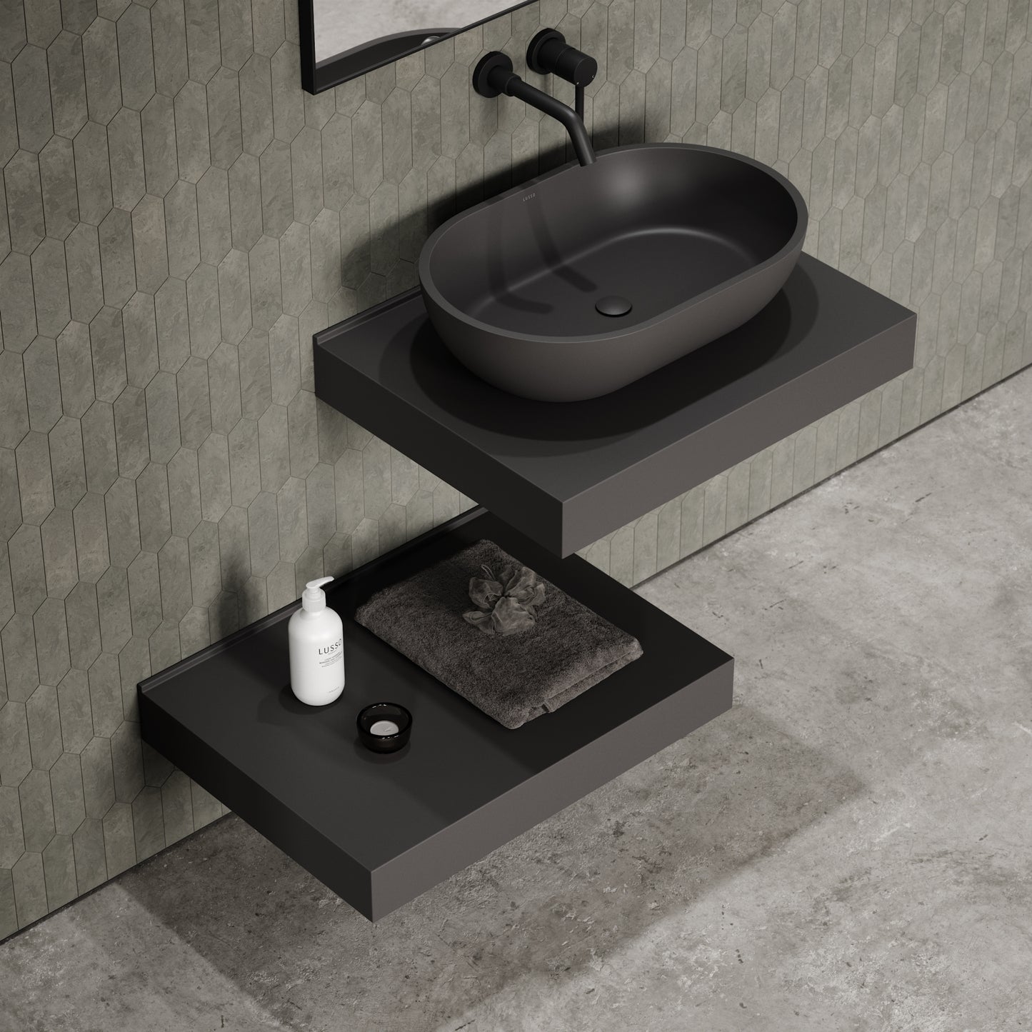Stone Wall Hung Countertop Basin Shelf & Towel Shelf (660mm Wide - Charcoal)