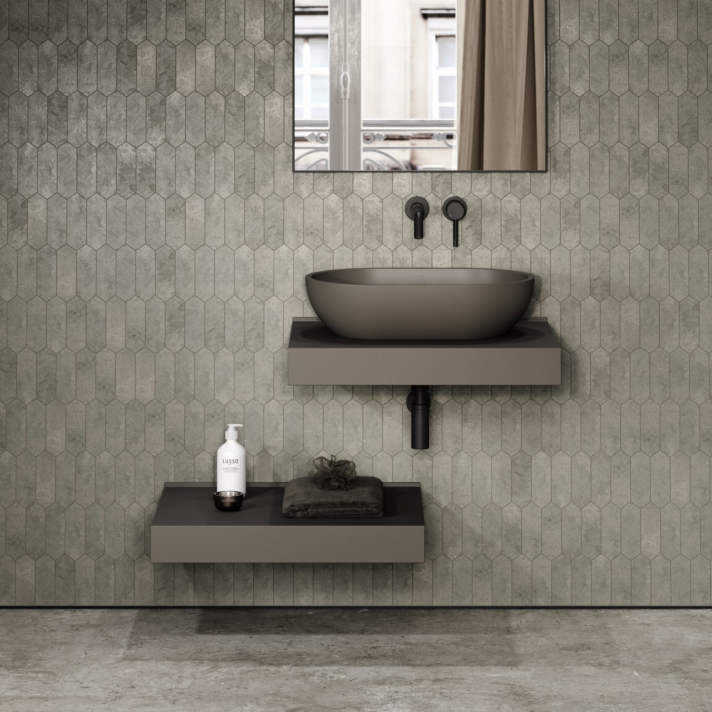 Stone Wall Hung Countertop Basin Shelf & Towel Shelf (660mm Wide - Earth)