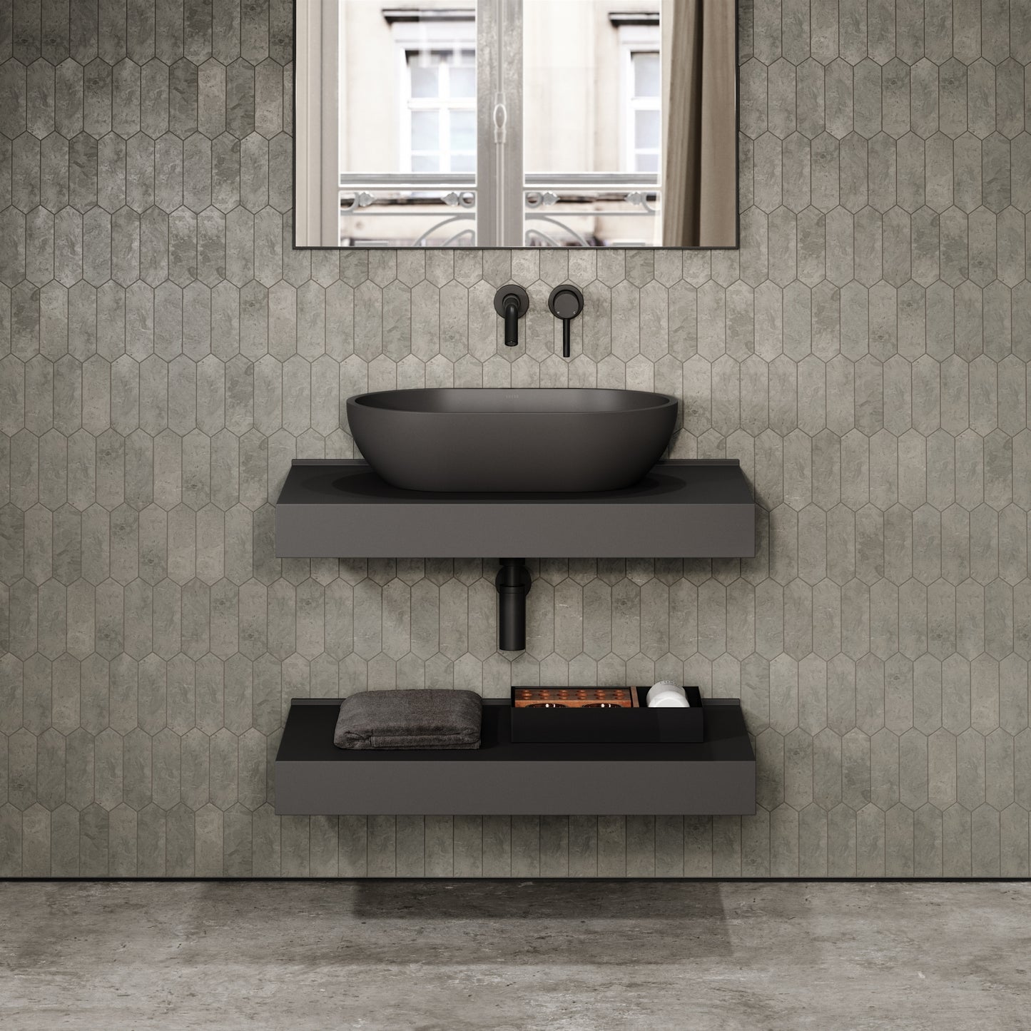 Stone Wall Hung Countertop Basin Shelf & Towel Shelf (800mm Wide - Charcoal)
