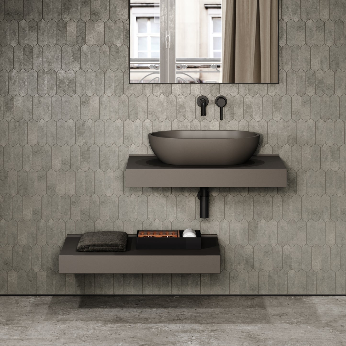 Stone Wall Hung Countertop Basin Shelf & Towel Shelf (800mm Wide - Earth)