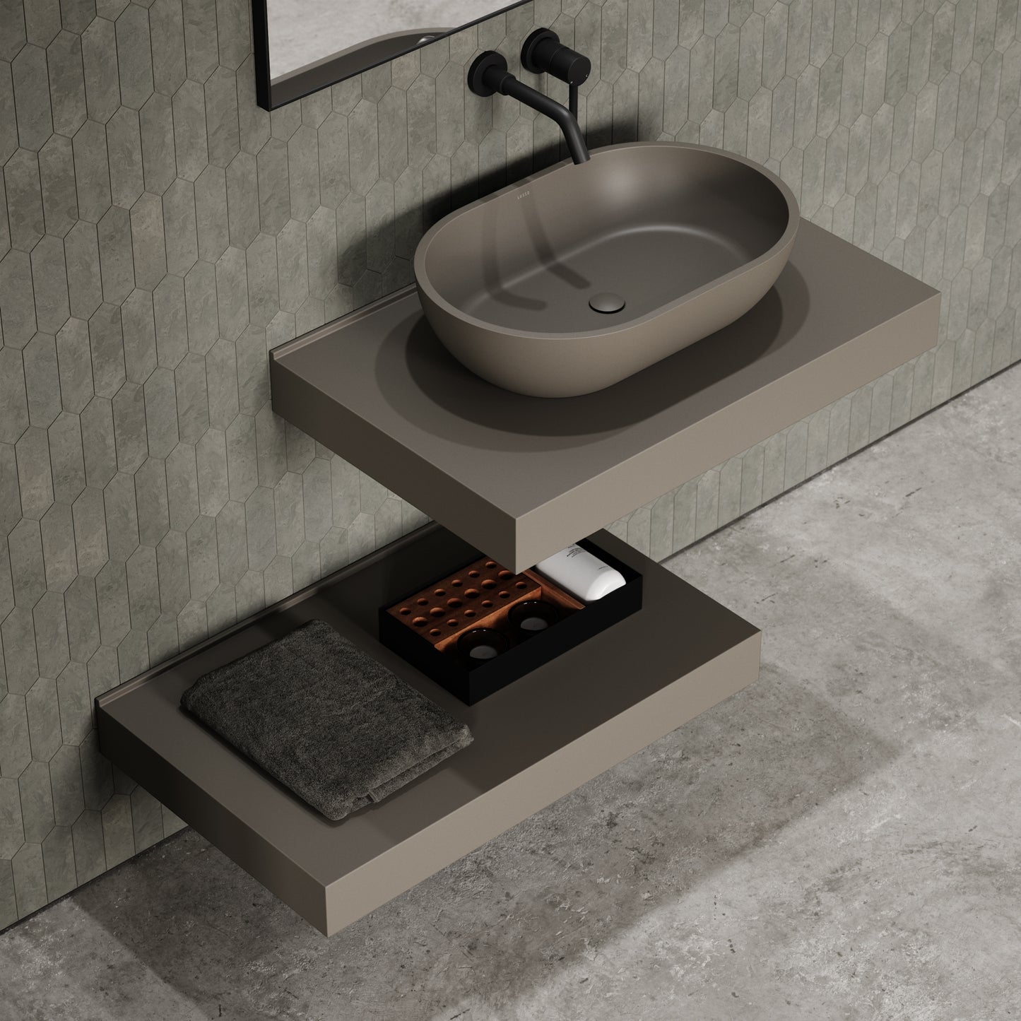 Stone Wall Hung Countertop Basin Shelf & Towel Shelf (800mm Wide - Earth)