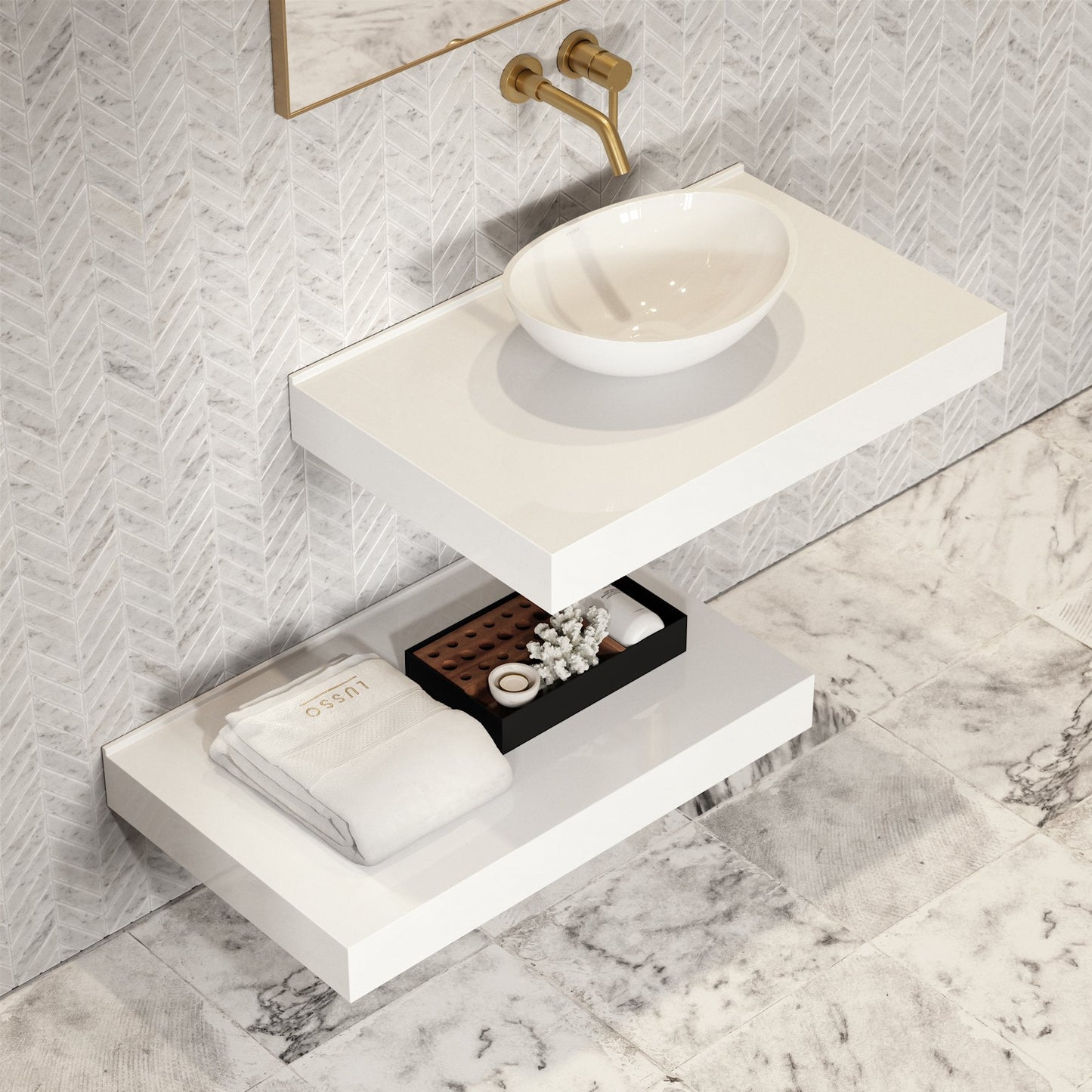Stone Wall Hung Countertop Basin Shelf & Towel Shelf (800mm Wide - Matte White)