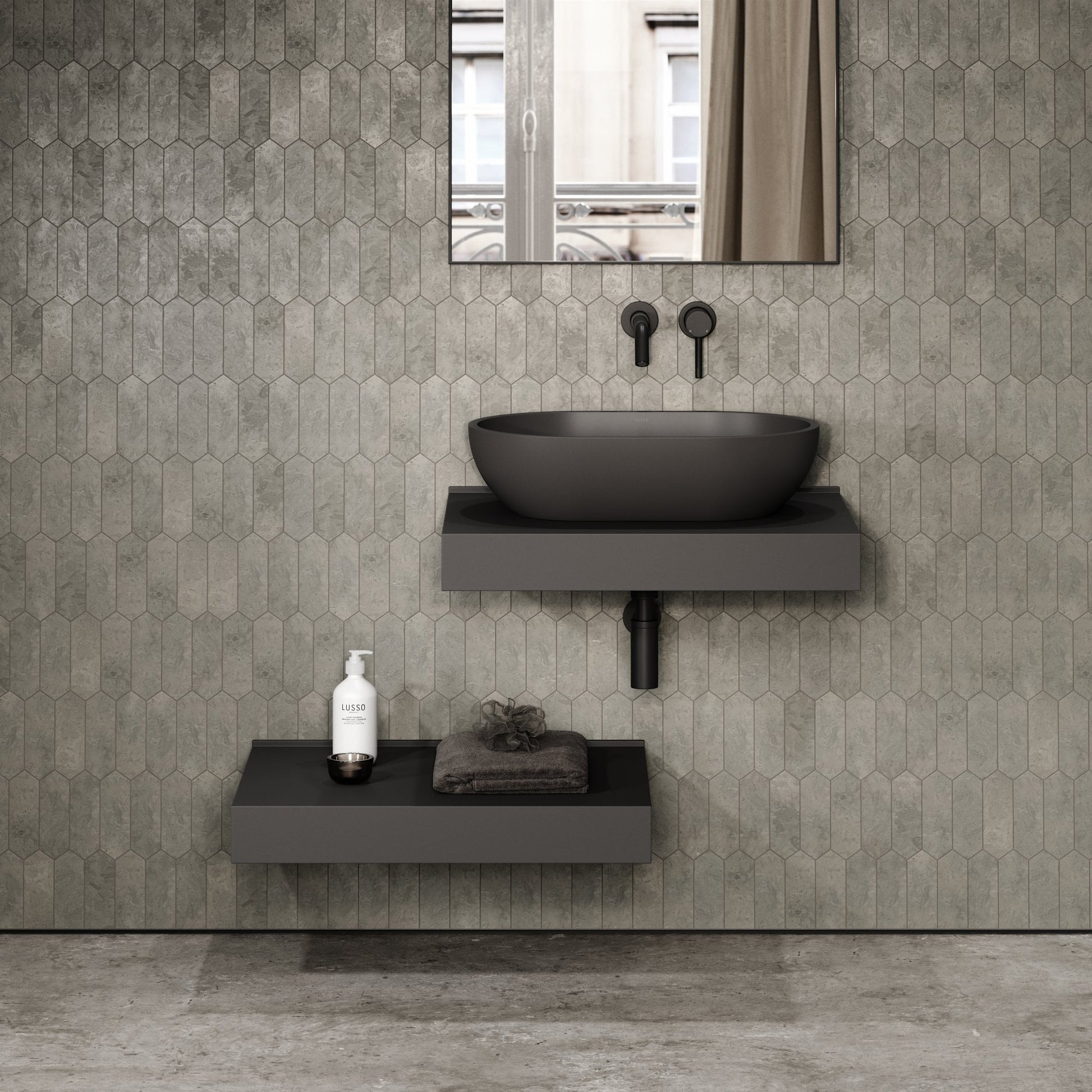 Stone Wall Hung Countertop Basin Shelf (660mm Wide - Charcoal)