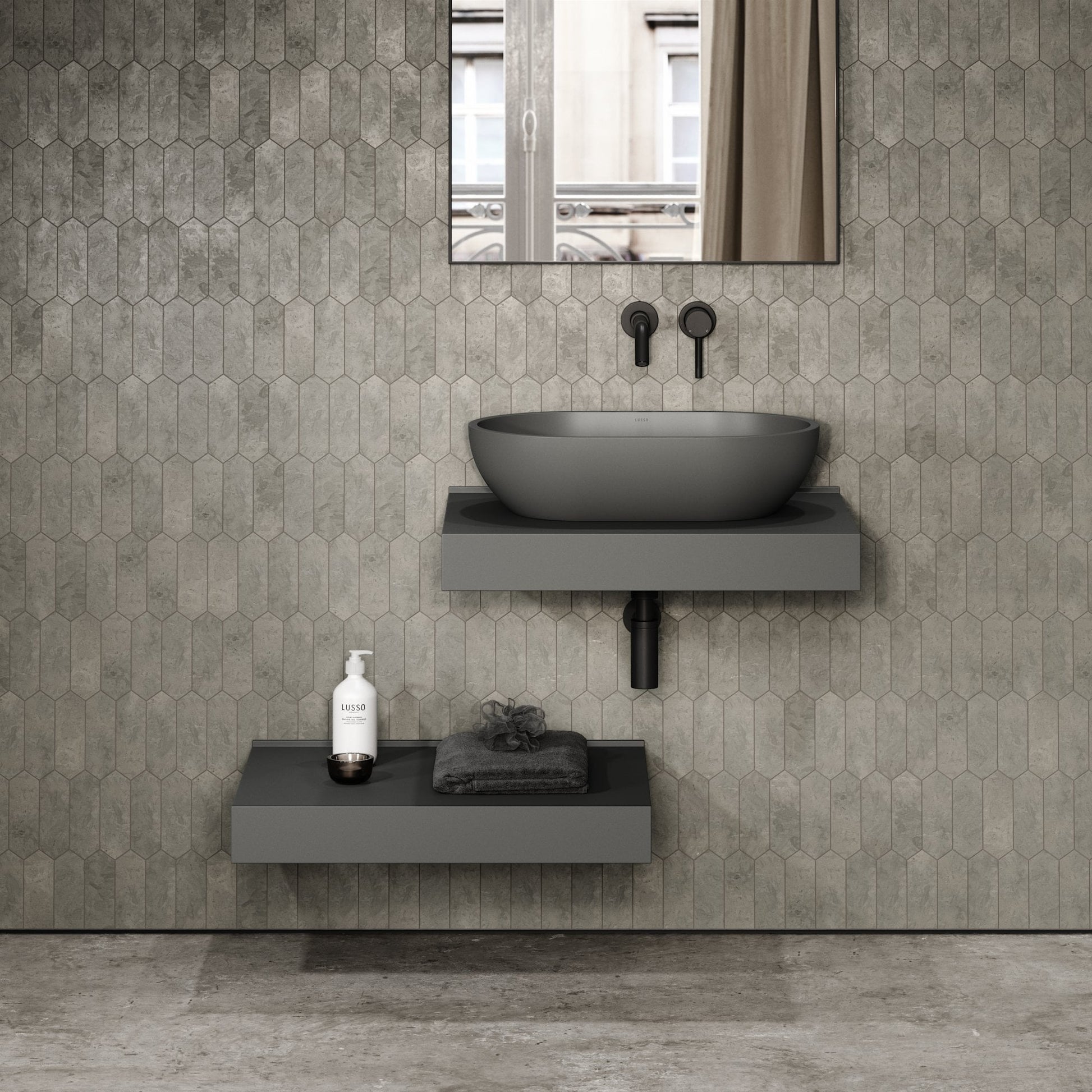 Stone Wall Hung Countertop Basin Shelf (660mm Wide - Clay)