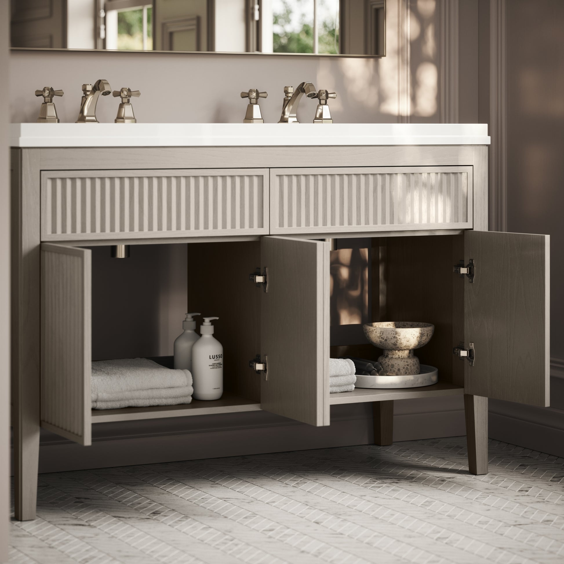 Tiffany Velvet Beige Wood Grain Double Vanity Unit 1200mm