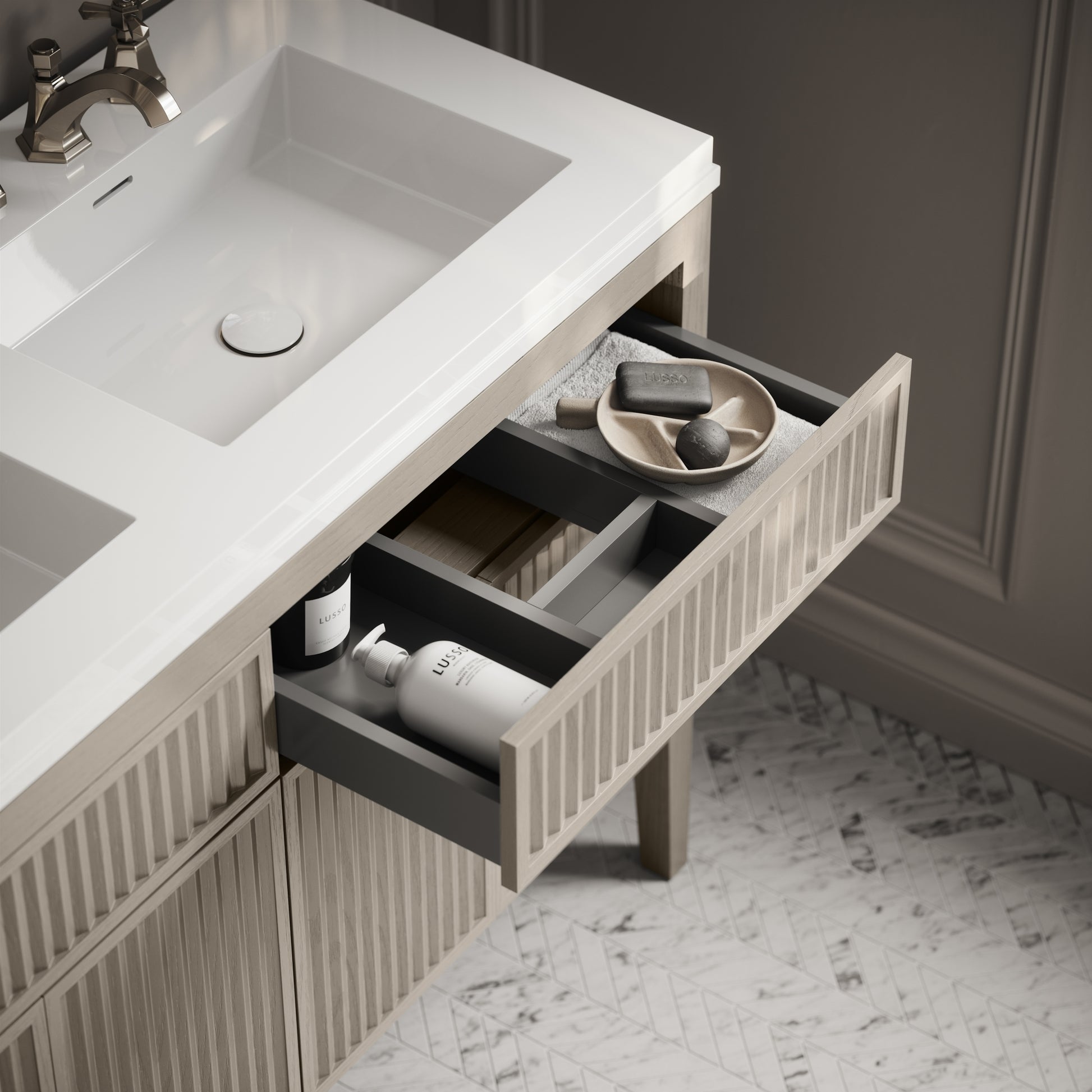 Tiffany Velvet Beige Wood Grain Double Vanity Unit 1200mm