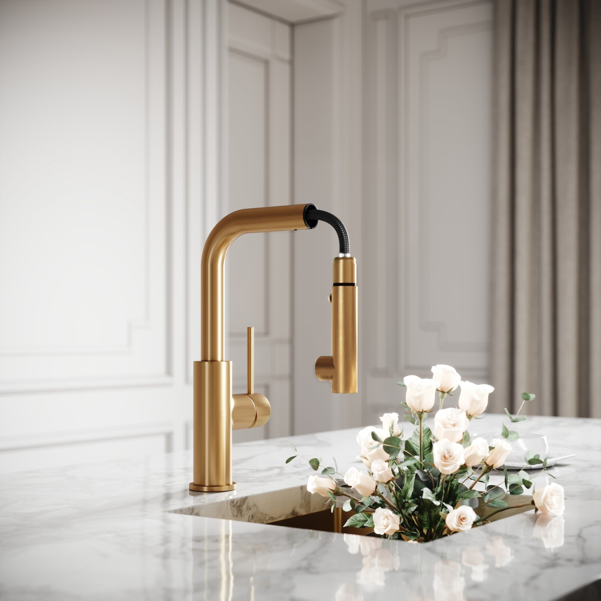 Vogue Brushed Gold Pull Out Spray Swivel Kitchen Tap