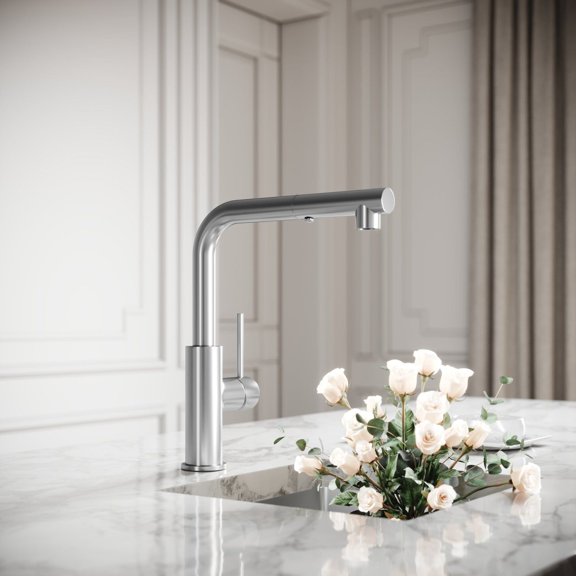 Vogue Brushed Stainless Pull Out Spray Swivel Kitchen Tap