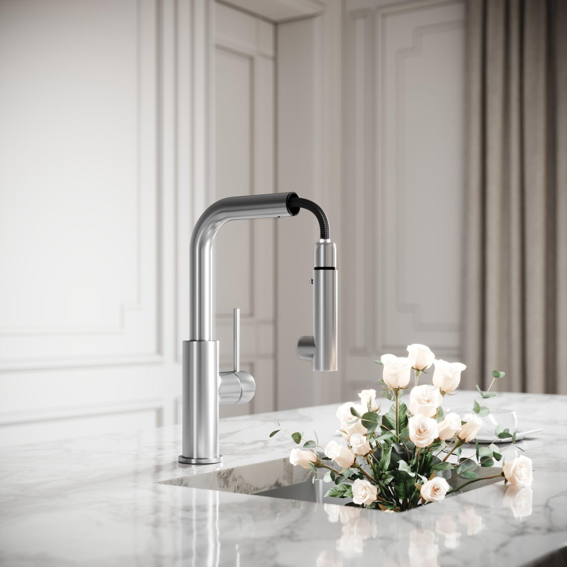 Vogue Brushed Stainless Pull Out Spray Swivel Kitchen Tap