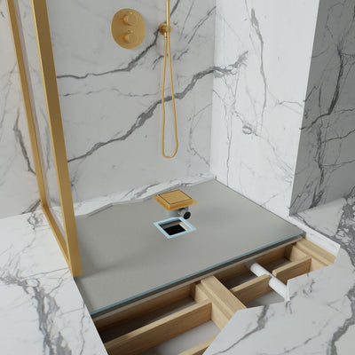 Wet Room Walk in Shower Tray Kit - Centre Drain + Tanking Kit + Brushed Gold Waste Kit (ALL SIZES)