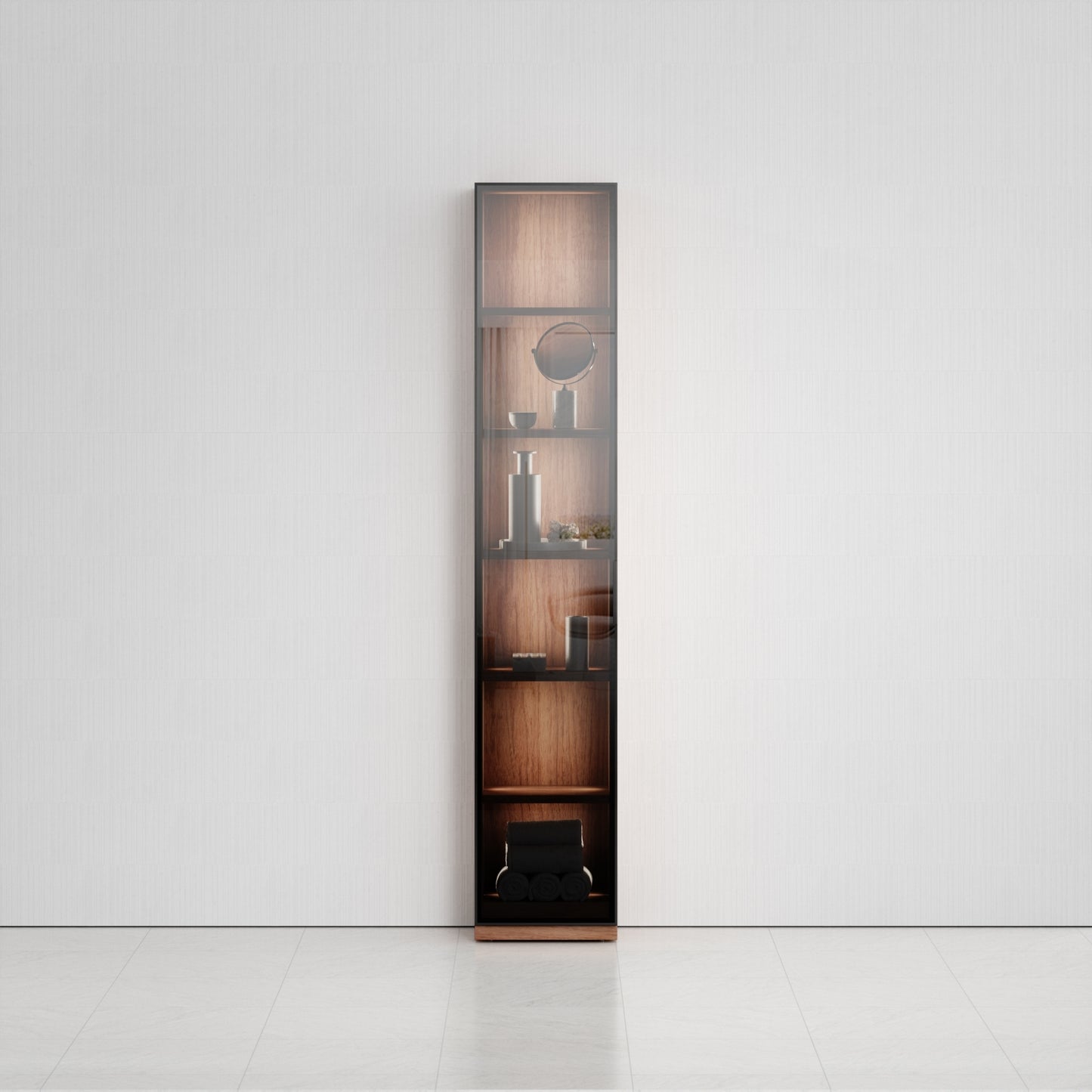 Zotto American Walnut Bathroom Glass Fronted Storage Cabinet with LED
