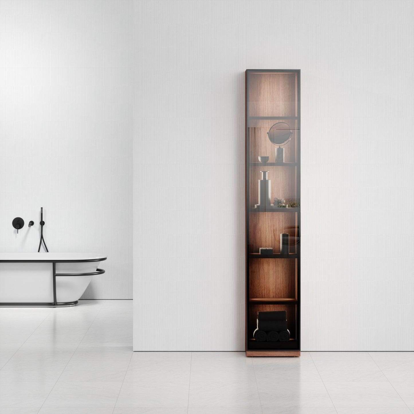 Zotto American Walnut Bathroom Glass Fronted Storage Cabinet with LED