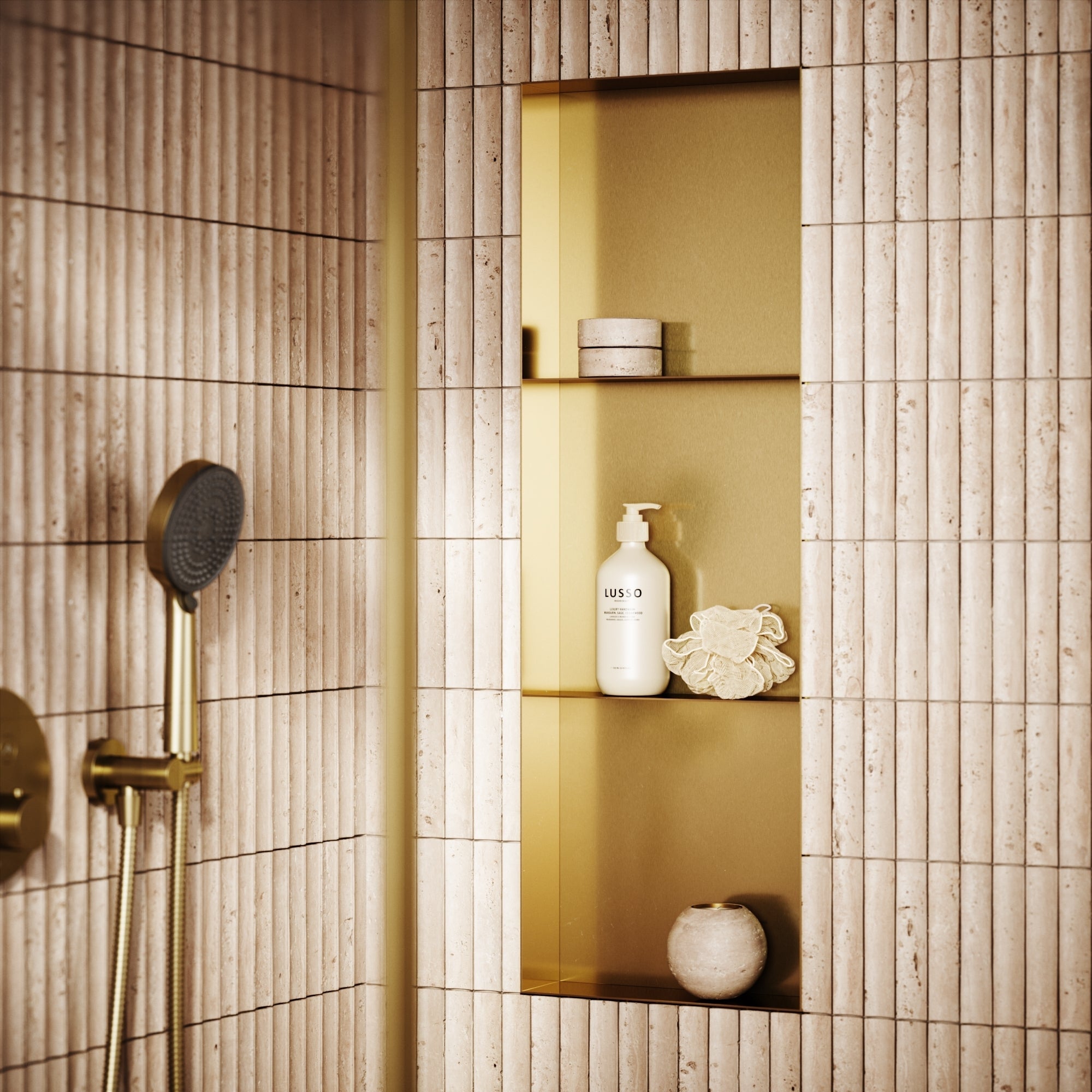 Cubox Frameless Brushed Gold Bathroom Shower Niche 300mm | LUSSO
