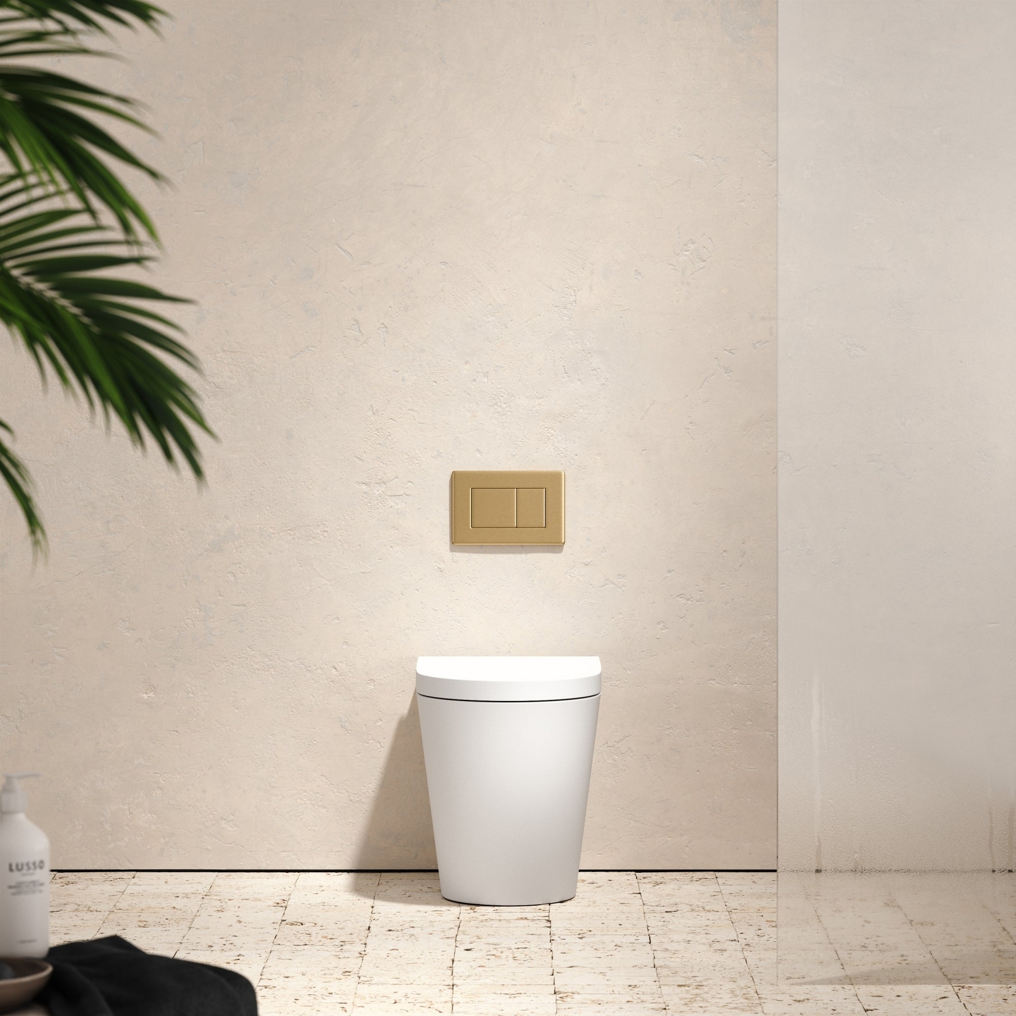 Senza Back To Wall Rimless Matte Toilet Brushed Gold Flush Plate LUSSO