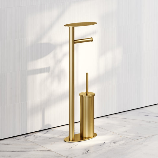 Porta Brushed Gold Floorstanding Toilet Brush and Roll Holder