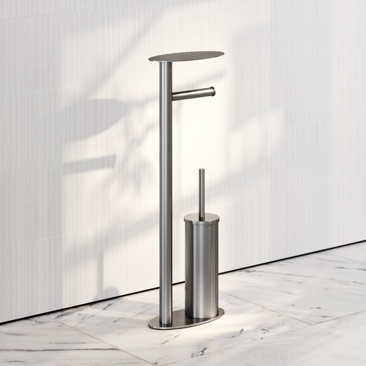 Porta Brushed Stainless Floorstanding Toilet Brush and Roll Holder