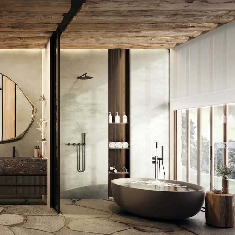 Modern bathroom with a freestanding bathtub, shower area, and large windows.