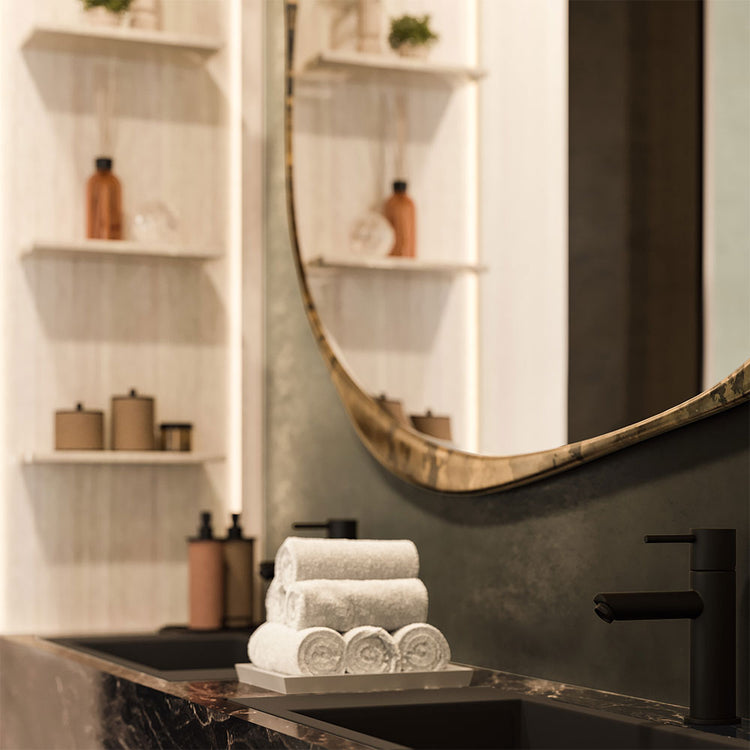 Bathroom counter with towels, mirror, and shelves with products