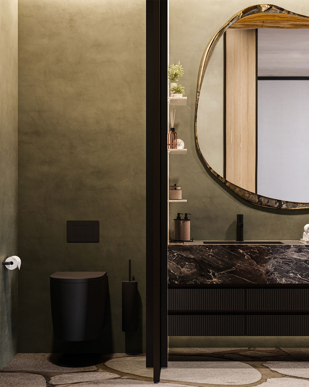 Modern bathroom with a round mirror, dark vanity, and minimal decor.