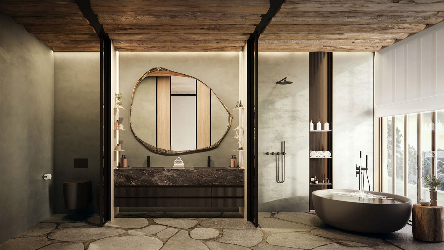 Modern bathroom with wooden ceiling, large mirror, and bathtub.