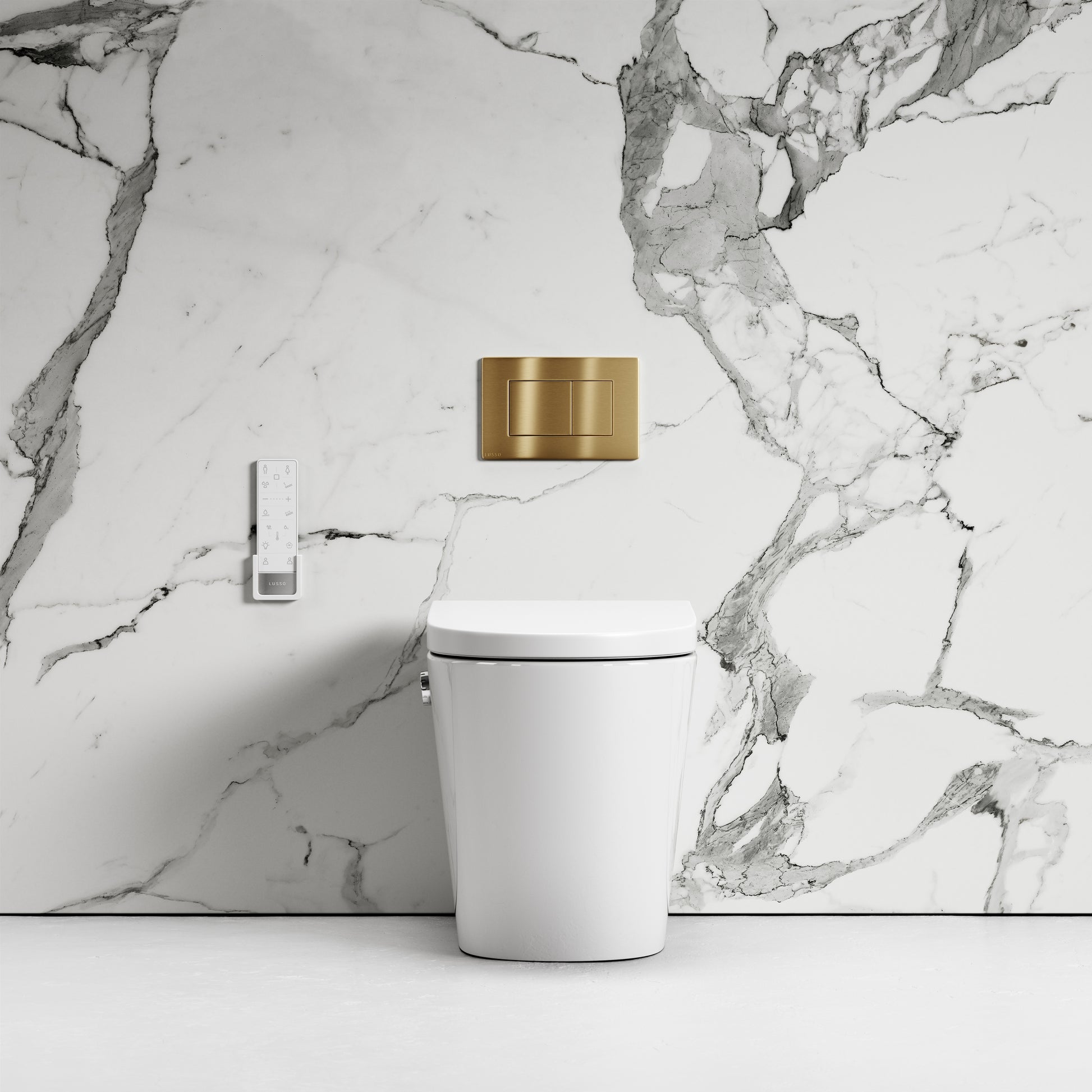 Intellismart Back To Wall Rimless Bidet Toilet with Concealed Cistern and Brushed Gold Flush Plate