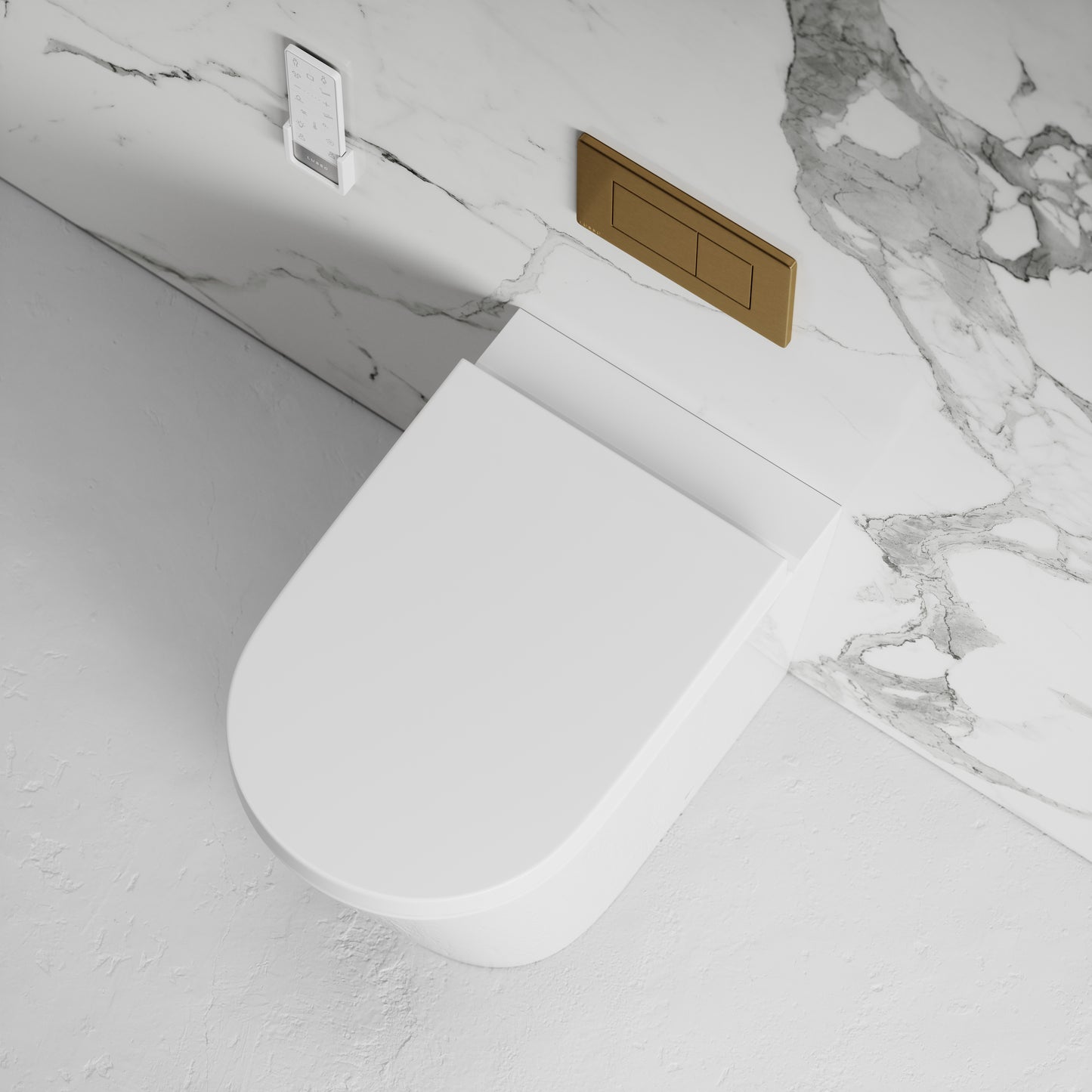 Intellismart Back To Wall Rimless Bidet Toilet with Concealed Cistern and Brushed Gold Flush Plate