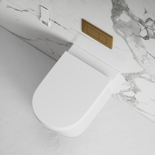 Intellismart Back To Wall Rimless Bidet Toilet with Concealed Cistern and Brushed Gold Flush Plate