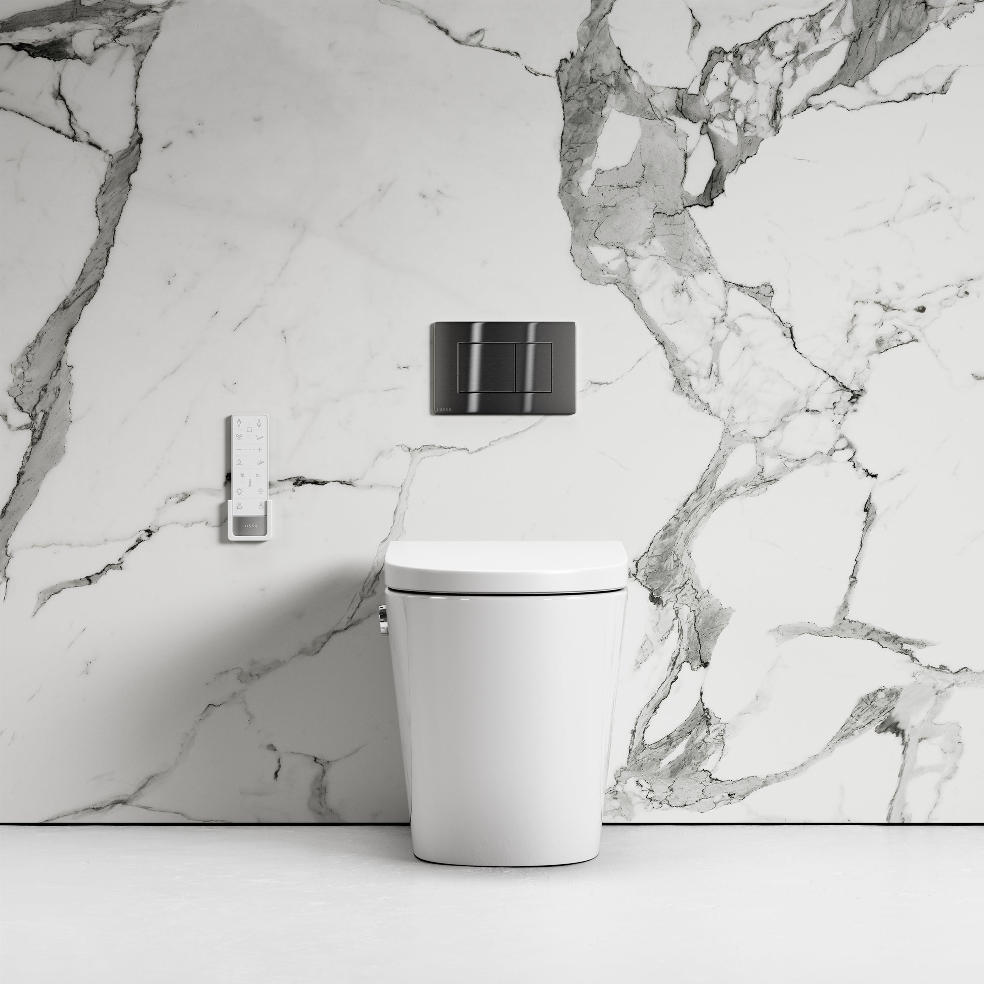 Intellismart Back To Wall Rimless Bidet Toilet with Concealed Cistern and Gunmetal Flush Plate