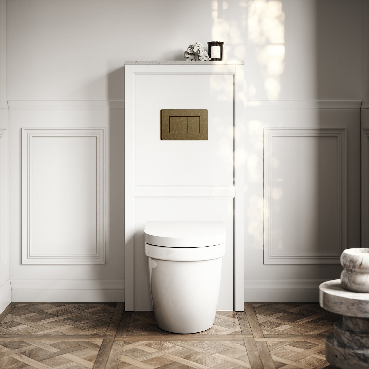 Berkeley Traditional Back to Wall Rimless Toilet with Concealed Cistern, Matte White Claridge Housing and Aged Bronze Flush Plate