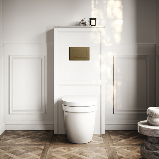 Berkeley Traditional Back to Wall Rimless Toilet with Concealed Cistern, Matte White Claridge Housing and Aged Bronze Flush Plate