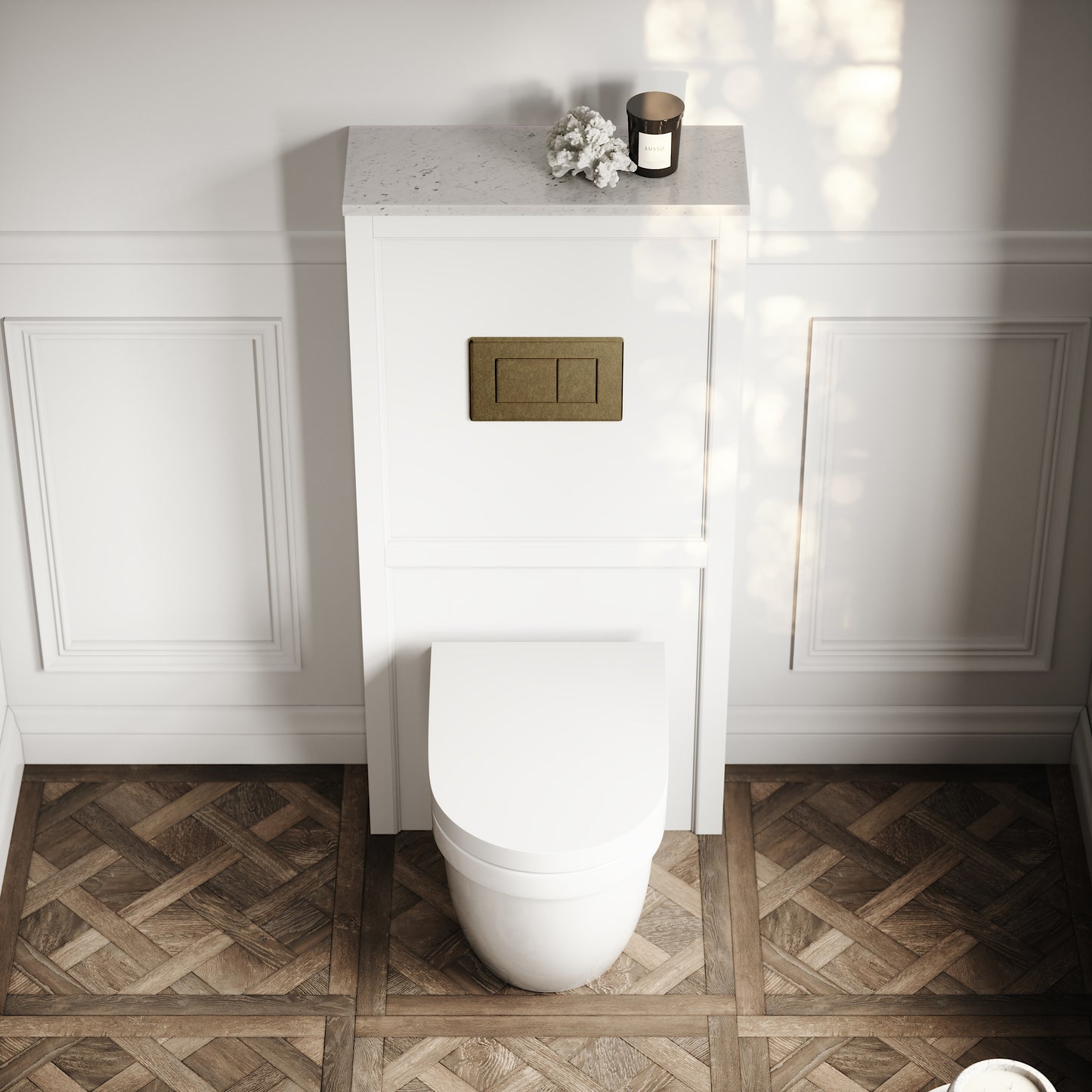 Berkeley Traditional Back to Wall Rimless Toilet with Concealed Cistern, Matte White Claridge Housing and Aged Bronze Flush Plate