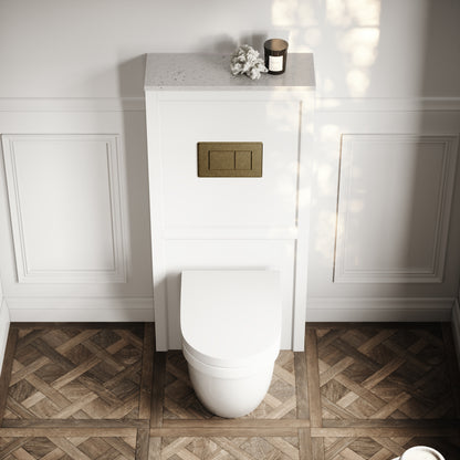 Berkeley Traditional Back to Wall Rimless Toilet with Concealed Cistern, Matte White Claridge Housing and Aged Bronze Flush Plate