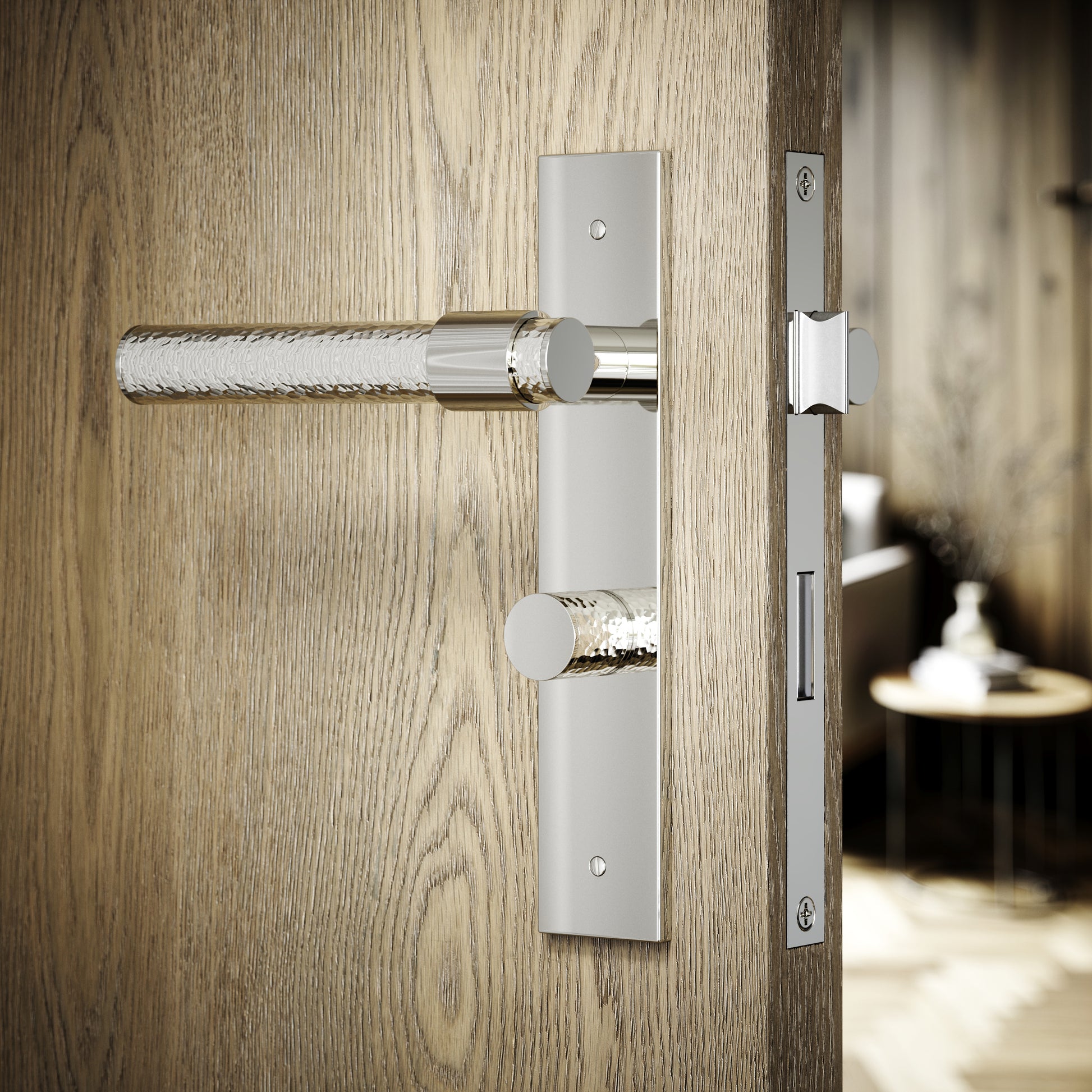 Chester Polished Nickel Hammered Bathroom WC Handle & Plate Thumbturn Set