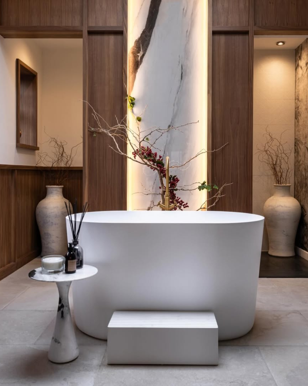 Modern bathroom with a freestanding bathtub, decorative vases, and a wall art piece.