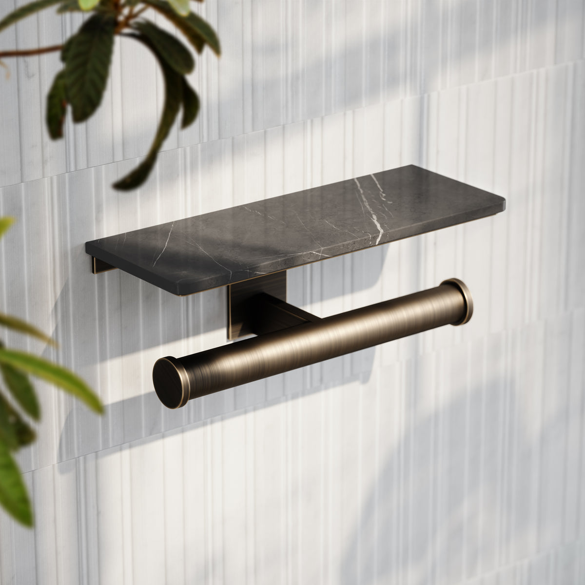 Deka Brushed Bronze Double Toilet Roll Holder with Shelf