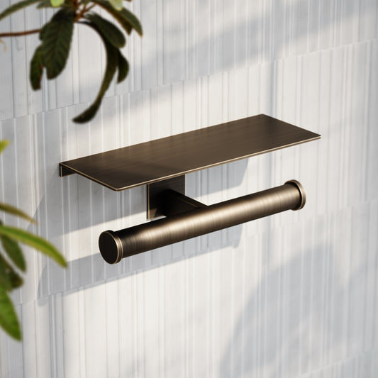 Deka Brushed Bronze Double Toilet Roll Holder with Shelf