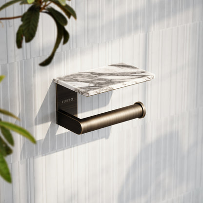 Deka Brushed Bronze Toilet Roll Holder with Shelf