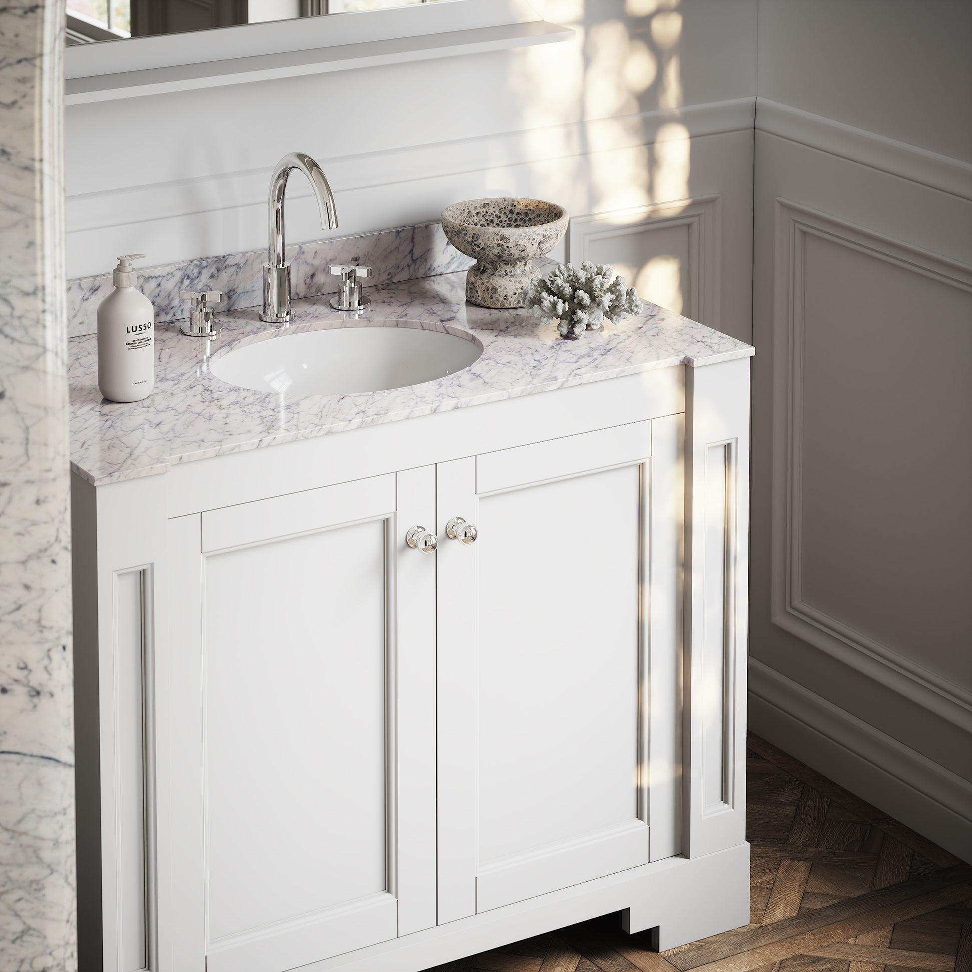 Eaton Matte White Carrara Marble Floorstanding Vanity Unit 1000mm