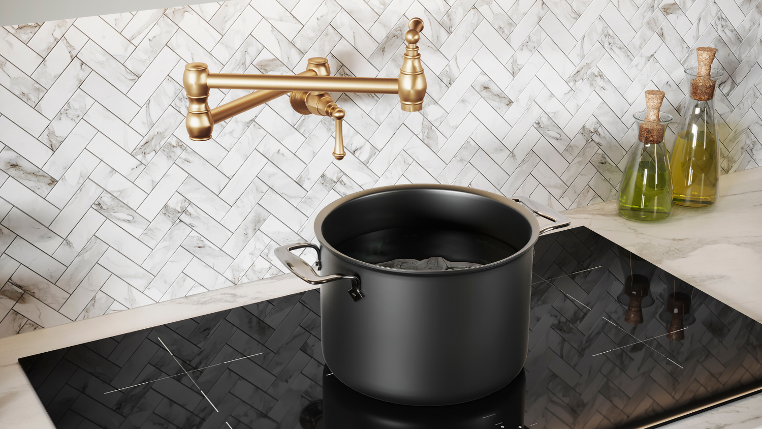 Black pot on a stove with a gold faucet against a marble backsplash.