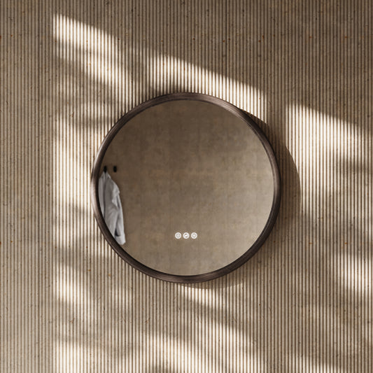 Cheval Grey Oak Round Mirror with LED and Demister 600mm