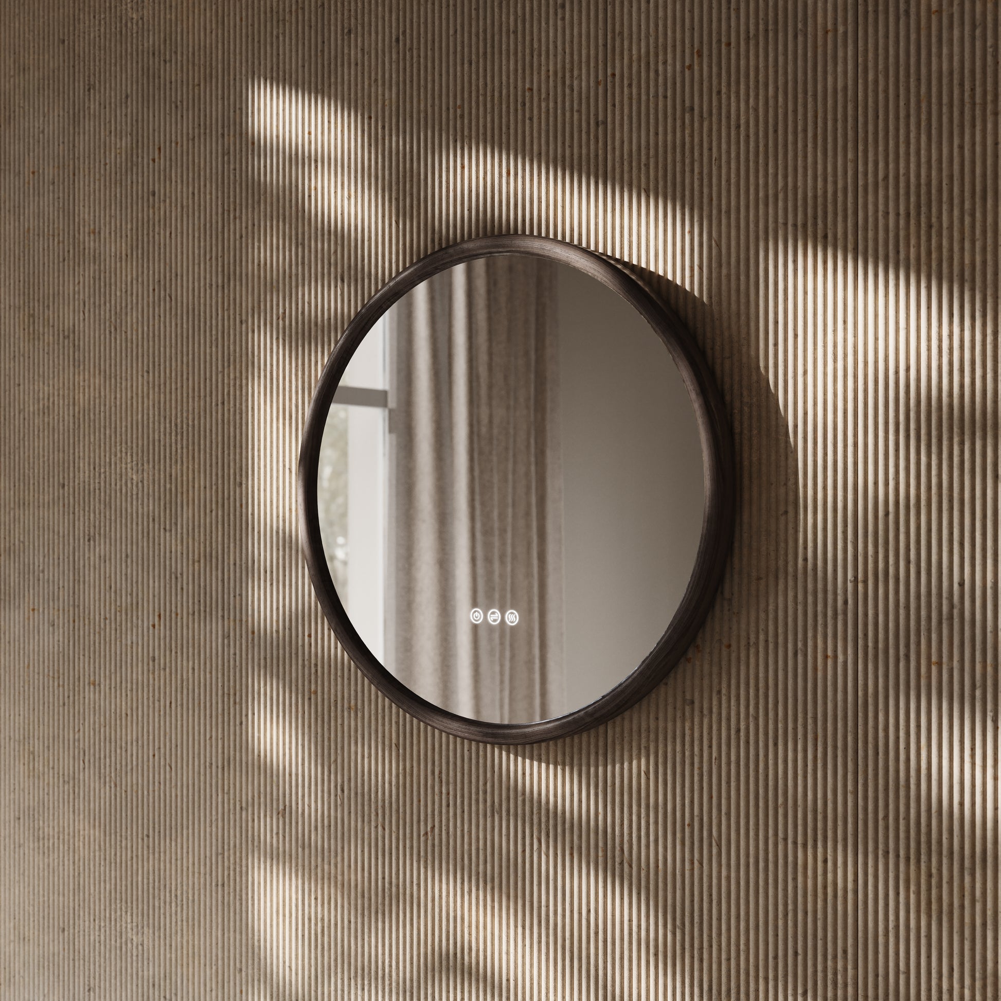Cheval Grey Oak Round Mirror with LED and Demister 600mm