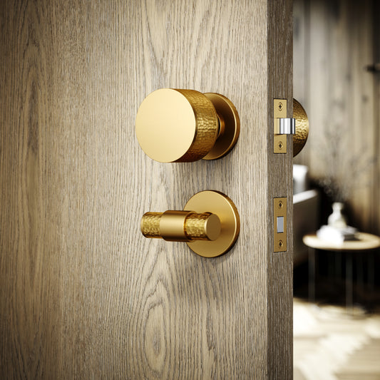 Grosvenor Brushed Gold Hammered Bathroom WC Knob & Round Thumbturn Set